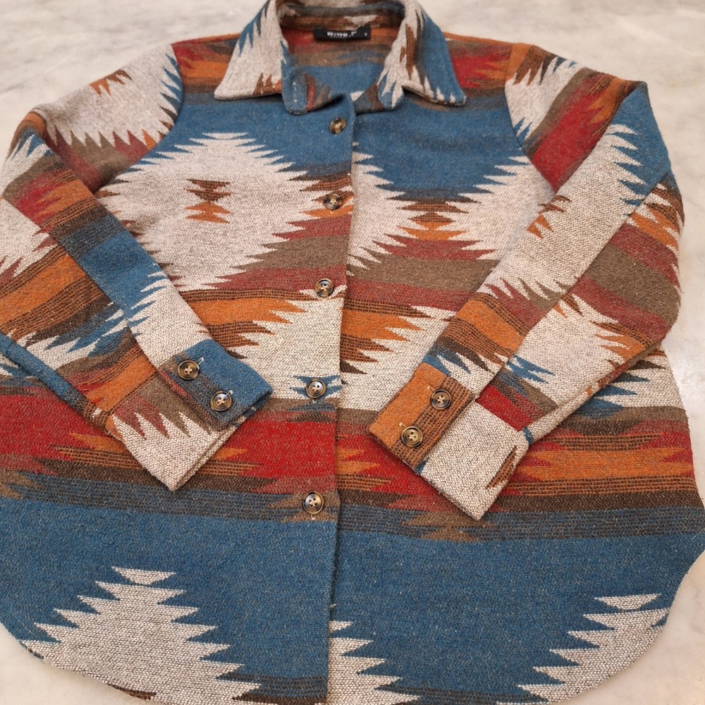 Blue B Collection Shacket Women S Blue Aztec Southwestern Geometric Button Down